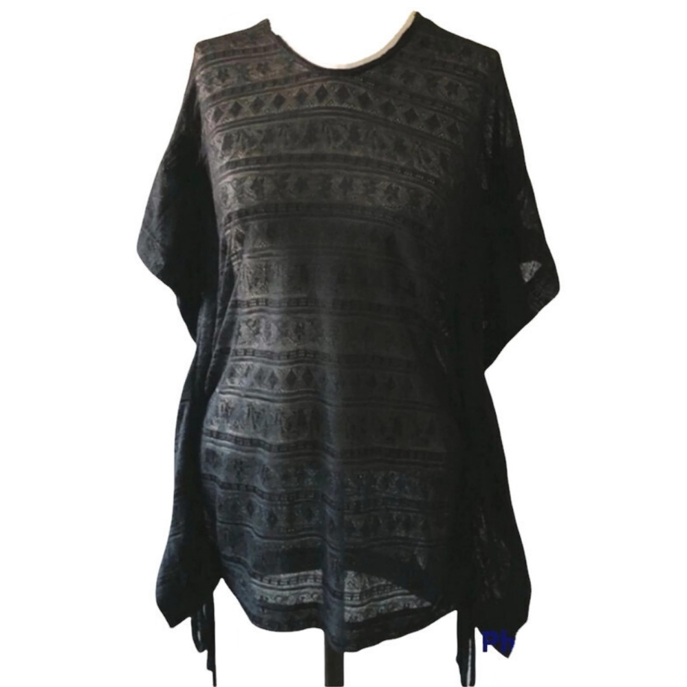 Roxy Black Hooded Tribal Knit Side Ruched Drawstring Swim Coverup